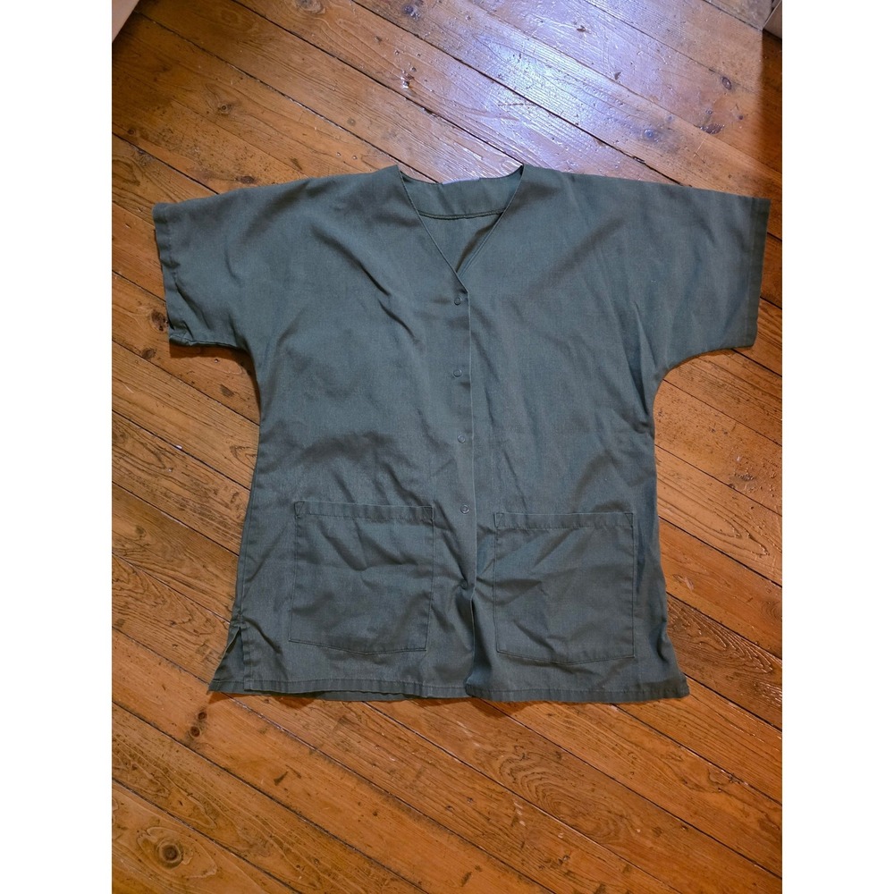 Vintage Nursing Scrubs Button Up Scrub‎ Top Olive Green Medical Uniform Small